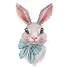 White hare with blue bow. Cute illustration of rabbit or bunny.