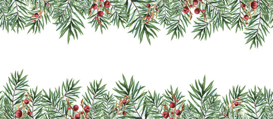 Sprigs of coniferous Christmas trees watercolor seamless border. Hand drawn christmas illustration. Minimalistic scandinavian banner design for the new year.