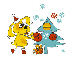 Yellow dog arrange Xmas tree with baubles.