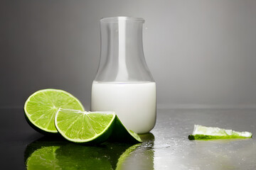 cut lime and a bottle of milk under studio lighting