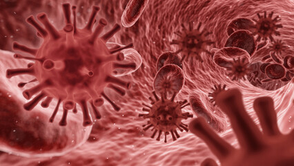 Concept organic cells. Coronavirus COVID-19 under the microscope. Outbreak, virus floating in a cellular environment , coronaviruses influenza background, viral disease epidemic. 3d rendering