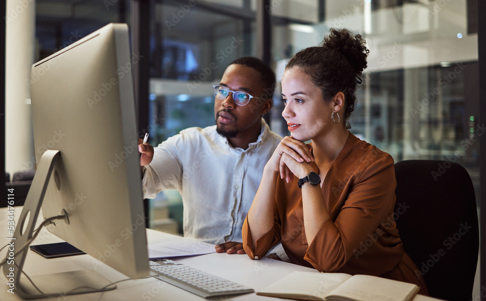 Aufkleber Business training, night planning and employees talking about corporate proposal on internet in dark office at night. African workers working on partnership on the web with computer during overtime