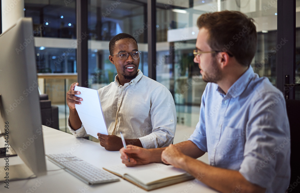 Aufkleber business men, computer or planning in night office with notebook, paper or documents for programming
