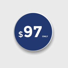 97 dollar price tag. Price $97 USD dollar only Sticker sale promotion Design. shop now button for Business or shopping promotion
