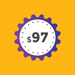 97 dollar price tag. Price $97 USD dollar only Sticker sale promotion Design. shop now button for Business or shopping promotion
