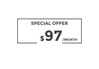 $97 USD Dollar Month sale promotion Banner. Special offer, 97 dollar month price tag, shop now button. Business or shopping promotion marketing concept
