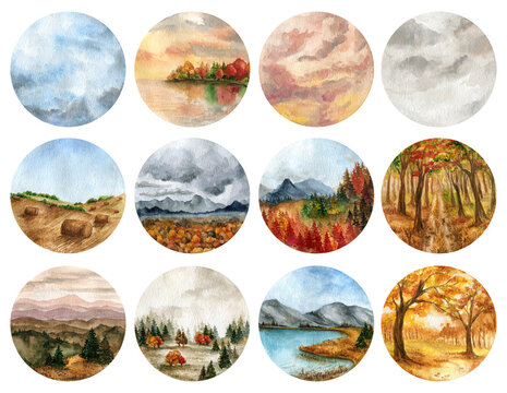 Set of autumn forest landscapes. Colorful watercolor painting of fall season. Illustrations of beautiful forest, sky and mountains. Artistic natural scenery hand draw
