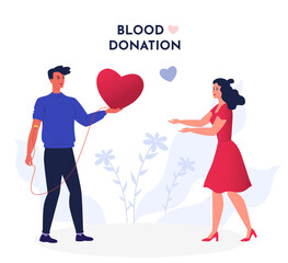 Man donating blood to a woman. Red heart. Ad, banner, web. Blood donation concept. Charity. Flat vector illustration.