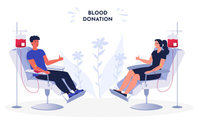 Man and woman donating blood. Donor day. Ad, banner, web. Blood donation concept. Charity, humanitarian aid. Flat vector illustration. Infographics. 