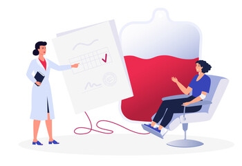 Woman donating blood. Doctor and a donor. Donor day. Ad, banner, web. Blood donation concept. Charity, humanitarian aid. Medical record. Flat vector illustration. Infographics. 