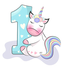 One Birthday party invitation with baby unicorn boy girls  © Mari Bell