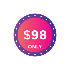 98 dollar price tag. Price $98 USD dollar only Sticker sale promotion Design. shop now button for Business or shopping promotion

