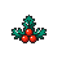 Fototapeta premium Holy berry icon in pixel art design isolated on white background, red mistletoe berries with green leaves. Christmas and New Year vector sign symbol.