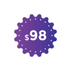 98 dollar price tag. Price $98 USD dollar only Sticker sale promotion Design. shop now button for Business or shopping promotion

