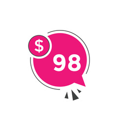 $98 USD Dollar Month sale promotion Banner. Special offer, 98 dollar month price tag, shop now button. Business or shopping promotion marketing concept

