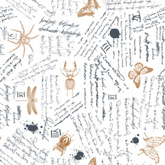 vector image of a seamless textured background in the style of notes from an entomologist diary with sketches, formulas and notes and sketches of insects