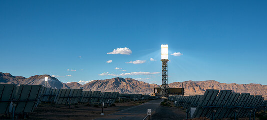 Modern concentrated solar power plant, works with mirrors focused on tower.