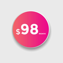 $98 USD Dollar Month sale promotion Banner. Special offer, 98 dollar month price tag, shop now button. Business or shopping promotion marketing concept
