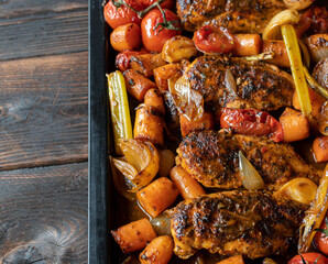 Sheet pan roast chicken breast with vegetables on a baking tray