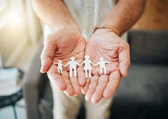 Support, care and hands with paper family for security, help or safety protection of mom, dad and children. Kindness, solidarity and palm of man with hope, trust or silhouette of big family insurance