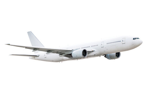 Wide body passenger airliner flying isolated on transparent background