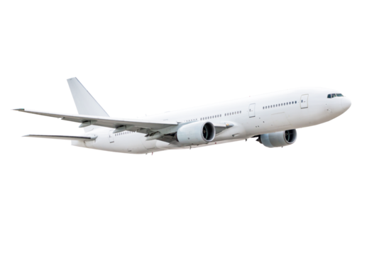 Wide body passenger airliner flying isolated on transparent background