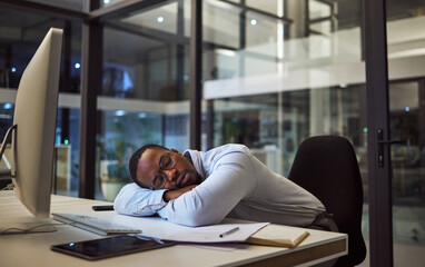 Night business, work sleep and businessman sleeping at desk with computer in dark office at a...