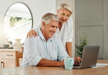 Retirement, happy and search with couple on laptop for online shopping, video call or social media news. Relax, internet and streaming with elderly man and old woman with technology and digital
