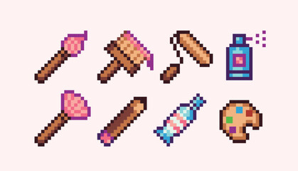 Painting tools pixel art set. Artist equipment collection. Paintbrushes and paint tubes. 8 bit sprite. Game development, mobile app.  Isolated vector illustration.