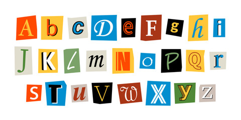 Vector ransom font. Letters cut-outs from newspaper or magazine. Character set. Criminal alphabet. Ransom colorful text.