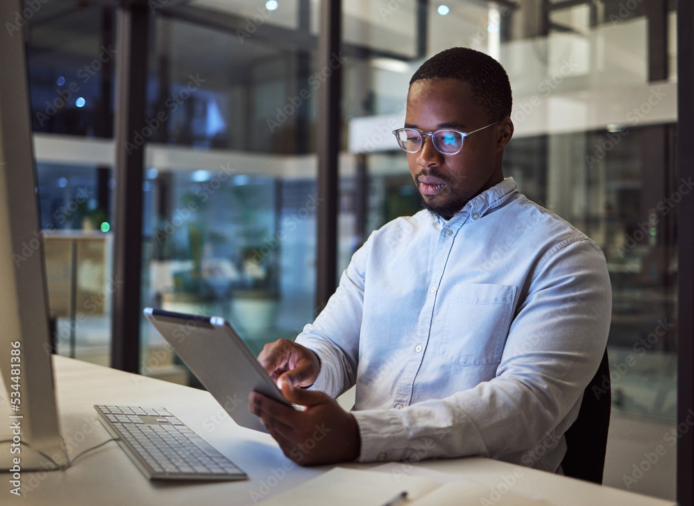 Aufkleber Black businessman, tablet and data analysis with computer in night office for digital marketing software, cybersecurity code or kpi. Thinking programmer, developer or website designer with technology