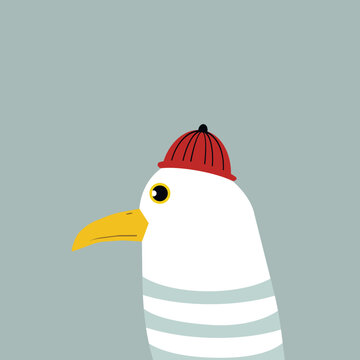 Funny captain seagull with knit hat beani. Childish illustration. 