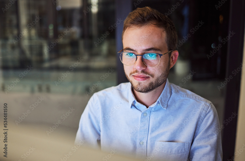 Aufkleber Night work, business email and businessman planning a corporate proposal on a computer in a dark office. Coding programmer working on web design and online website on a pc during overtime at job