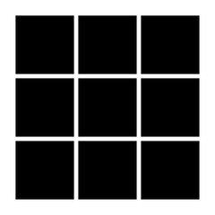 Black fill, no stroke. Square divided in nine parts, into ninths. 3x3 grid. Isolated png illustration, transparent background. Asset for overlay, montage, collage, presentation. Business concept.