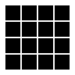 Black fill, no stroke. Square divided into sixteen, 16, parts. 4x4 grid. Isolated png illustration, transparent background. Asset for overlay, montage, collage, presentation. Business concept. © Anna