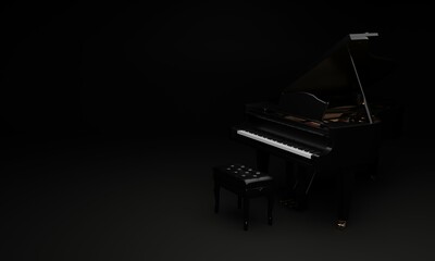 3d illustration, classic piano, black background, copy space, 3d rendering.