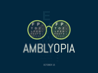 World Amblyopia Day-October 15. Green colored glasses on blue background. Blurred text due to the disease