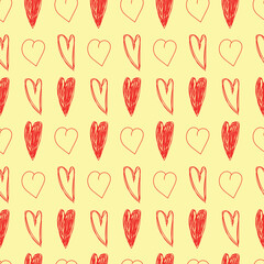 Red seamless hearts on hand drawn pattern