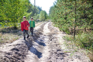 Fototapeta na wymiar Two preschool children exploring forest, in autumn clothing, pla