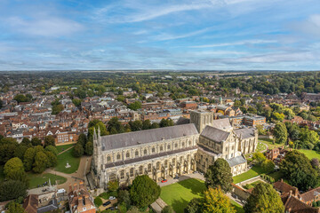 The drone aerial view of Winchester Cathedral and city, England. The Cathedral Church of the Holy Trinity, Saint Peter, Saint Paul and Saint Swithun, commonly known as Winchester Cathedral.