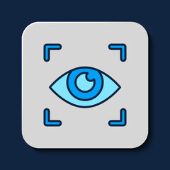 Filled outline Eye scan icon isolated on blue background. Scanning eye. Security check symbol. Cyber eye sign. Vector