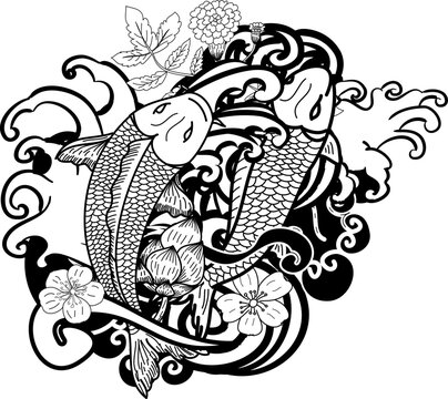 Beautiful doodle art Koi carp tattoo design.
