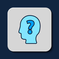 Filled outline Human head with question mark icon isolated on blue background. Vector