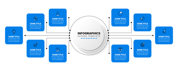 Infographic template. 10 squares with text connected to the center