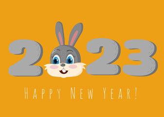 Happy New Year. 2023. Chinese symbol of New Year 2023. Creative card design with cartoon hare head. Vector illustration for congratulations. New year banner