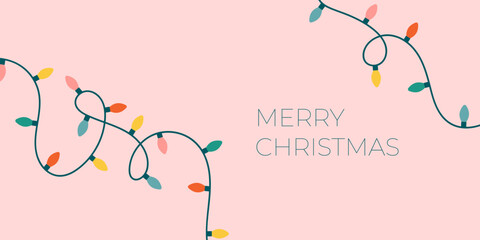 Christmas lights banner on a pink background. Flat modern cute bulbs on a string. Perfect for New Year letter, invitation, flyer template.