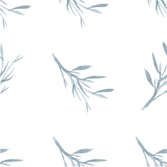 Obraz premium Seamless pattern, background, texture print with light watercolor hand drawn blue color dusty leaves, fern greenery forest herbs, plants. Delicate, elegant textile fabric, wrapping paper background mo