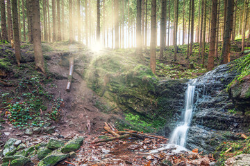 kleiner Wasserfall im Wald mit Sonnenstrahlen im Hintergrund