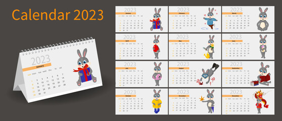 Calendar design for 2023 with funny bunny and various seasonal events. Rabbit calendar design concept, cute hare, new year character. Set for 12 months. horizontal arrangement of the desktop calendar.