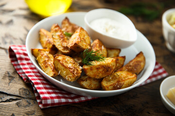 Roasted potato wedges with cheese and spices